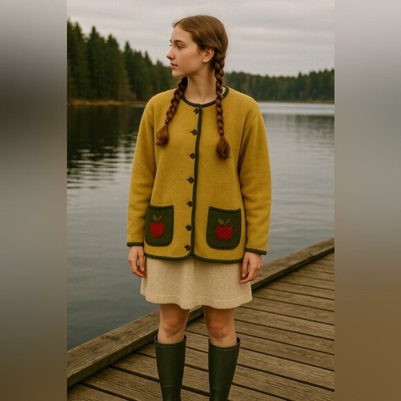 Vintage Sweaters - Vintage Boiled Wool Fisherman Core Cardigan Jacket Alpine Embroidery Size XL